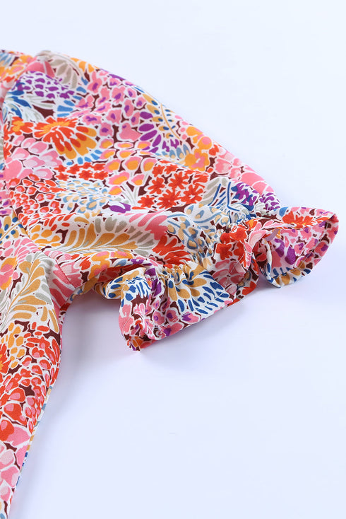 Mixed Floral Print V Neck Puff Sleeve Blouse