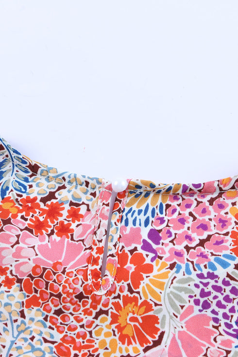 Mixed Floral Print V Neck Puff Sleeve Blouse