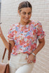 Mixed Floral Print V Neck Puff Sleeve Blouse
