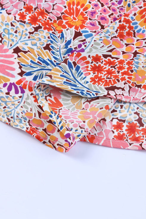 Mixed Floral Print V Neck Puff Sleeve Blouse