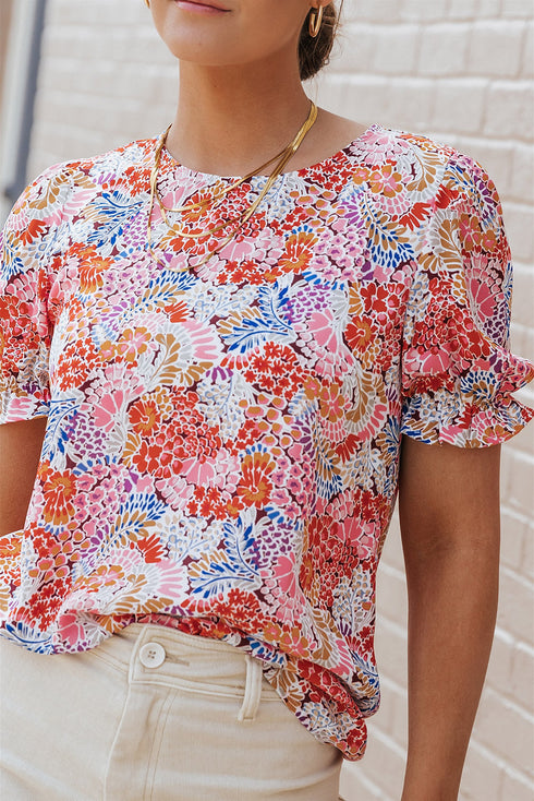 Mixed Floral Print V Neck Puff Sleeve Blouse