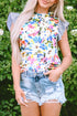 Mixed Floral Striped Print Ruffle Sleeve Blouse