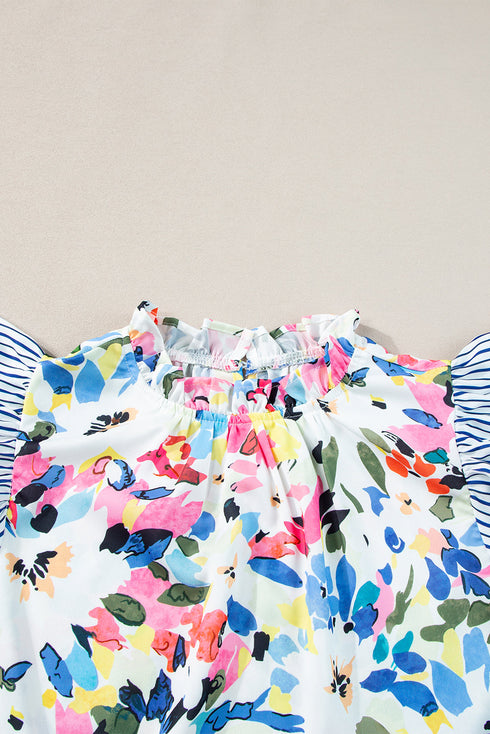 Mixed Floral Striped Print Ruffle Sleeve Blouse