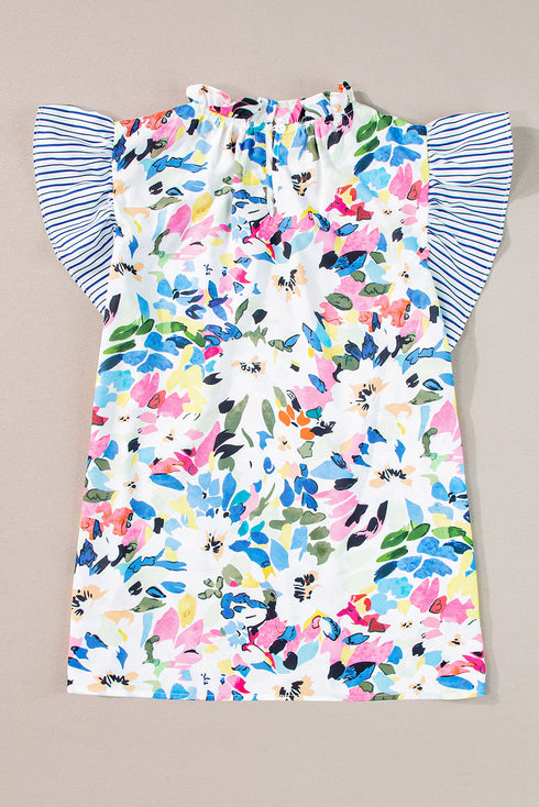 Mixed Floral Striped Print Ruffle Sleeve Blouse