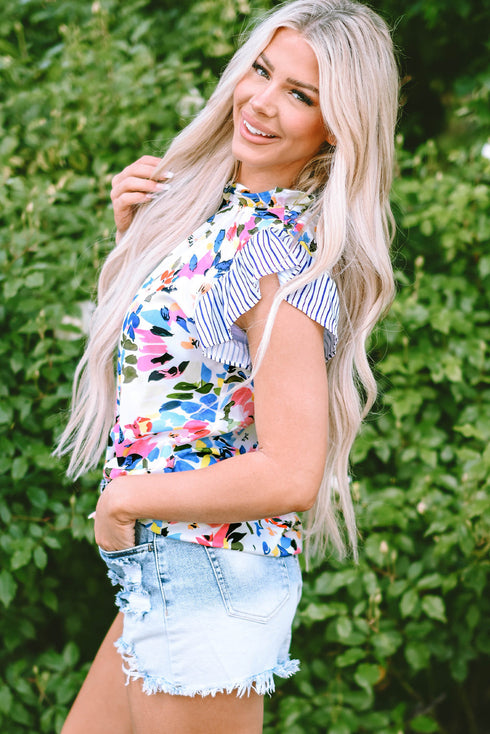 Mixed Floral Striped Print Ruffle Sleeve Blouse