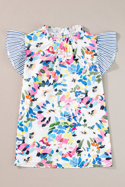 Mixed Floral Striped Print Ruffle Sleeve Blouse