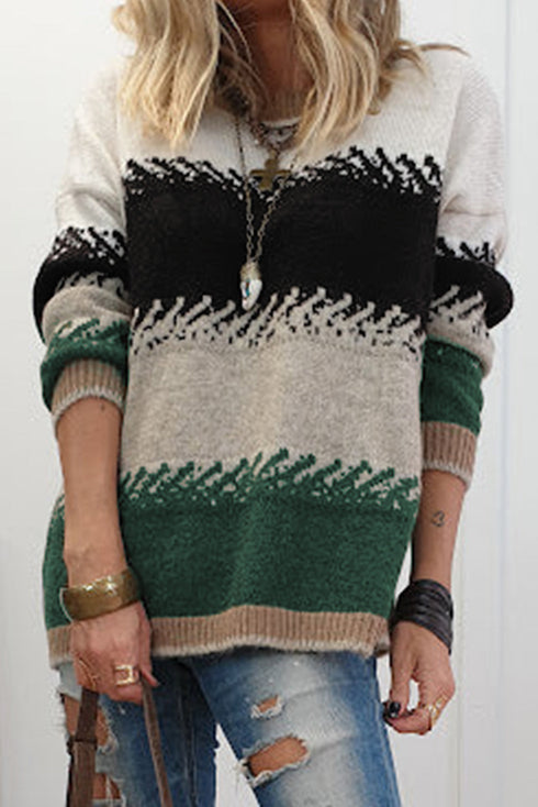 Mixed Geometric Pattern Relaxed Fit Knit Sweater