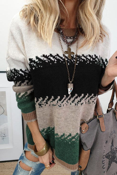 Mixed Geometric Pattern Relaxed Fit Knit Sweater