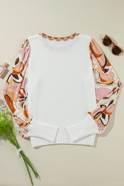 Mixed Media Abstract Print Sleeve Ribbed Knit Sweater