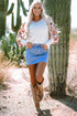 Mixed Media Abstract Print Sleeve Ribbed Knit Sweater