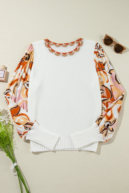 Mixed Media Abstract Print Sleeve Ribbed Knit Sweater