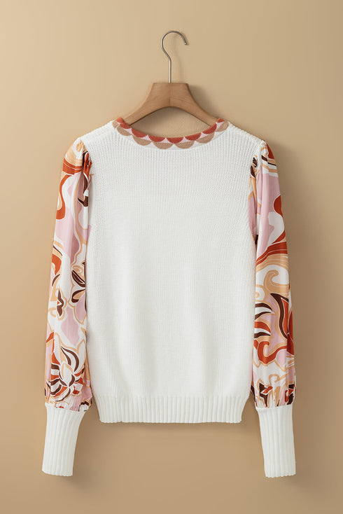 Mixed Media Abstract Print Sleeve Ribbed Knit Sweater