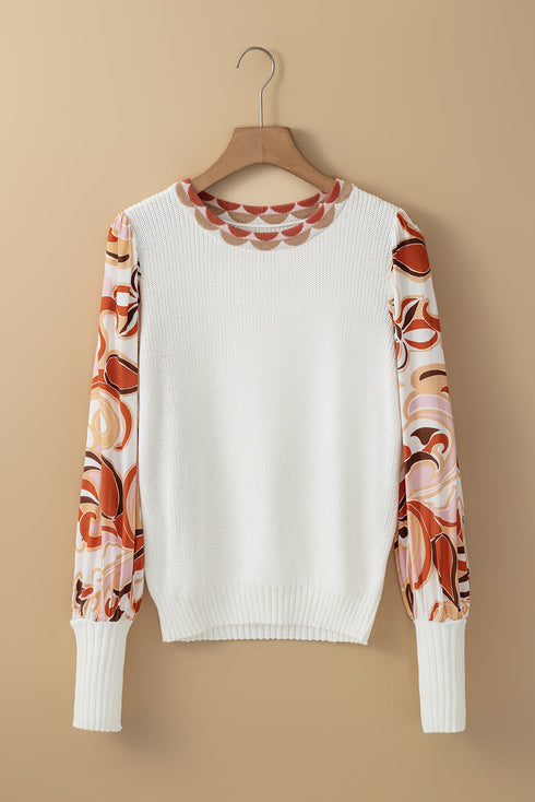 Mixed Media Abstract Print Sleeve Ribbed Knit Sweater