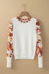Mixed Media Abstract Print Sleeve Ribbed Knit Sweater