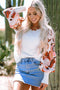 Mixed Media Abstract Print Sleeve Ribbed Knit Sweater