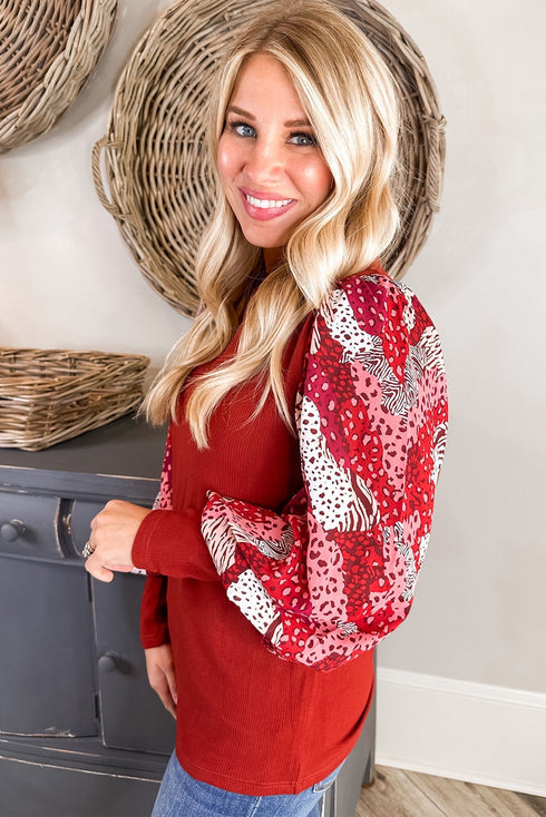 Mixed Media Animal Print Lantern Sleeve Patchwork Top