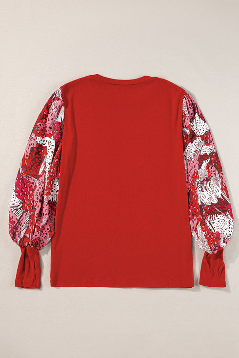 Mixed Media Animal Print Lantern Sleeve Patchwork Top