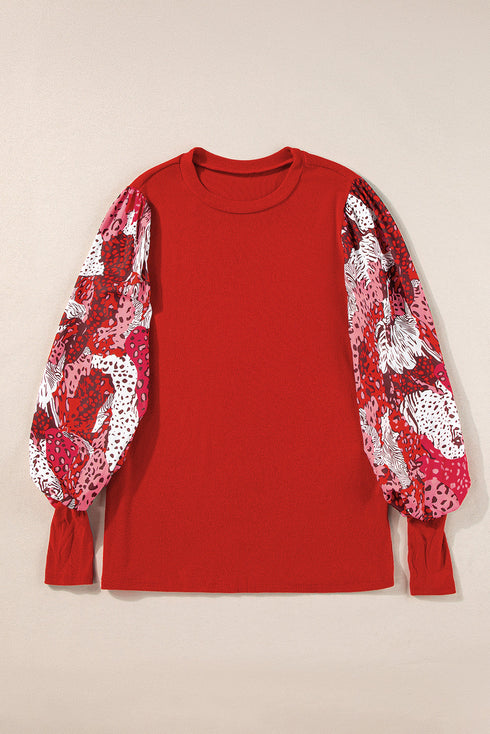 Mixed Media Animal Print Lantern Sleeve Patchwork Top