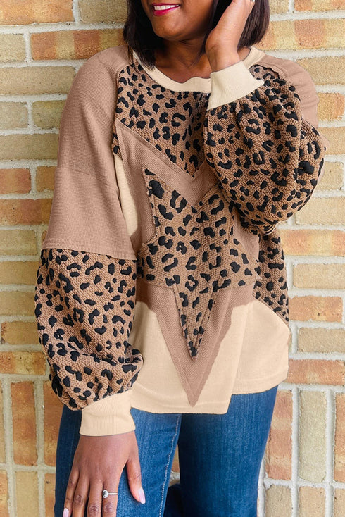 Mixed Media Animal Print Star Patchwork Waffle Top