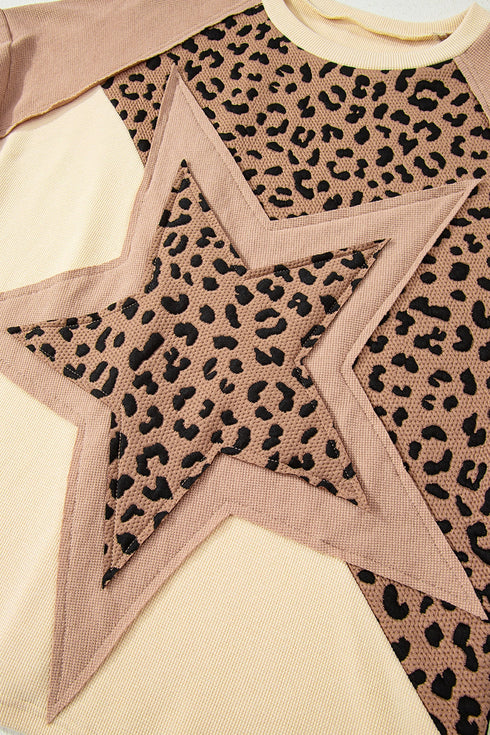 Mixed Media Animal Print Star Patchwork Waffle Top