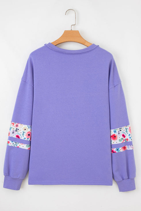 Mixed Media Floral Applique Raw Edge Pullover Sweatshirt