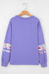 Mixed Media Floral Applique Raw Edge Pullover Sweatshirt