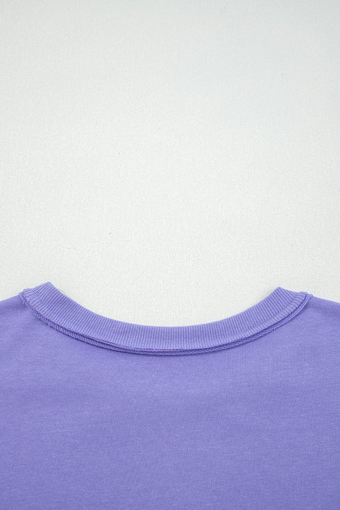Mixed Media Floral Applique Raw Edge Pullover Sweatshirt