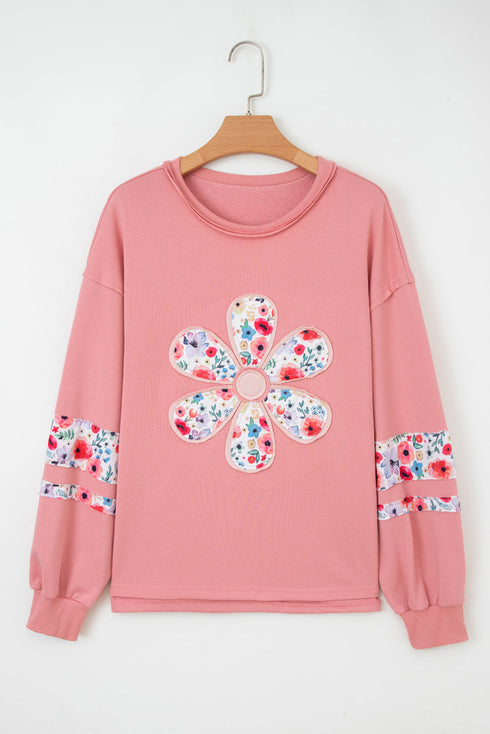 Mixed Media Floral Applique Raw Edge Pullover Sweatshirt