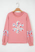 Mixed Media Floral Applique Raw Edge Pullover Sweatshirt