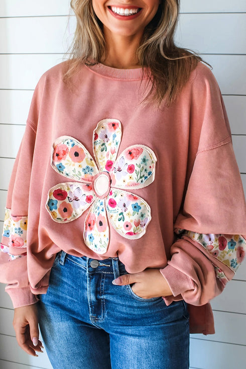 Mixed Media Floral Applique Raw Edge Pullover Sweatshirt