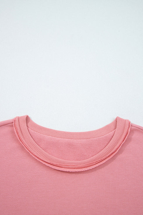 Mixed Media Floral Applique Raw Edge Pullover Sweatshirt