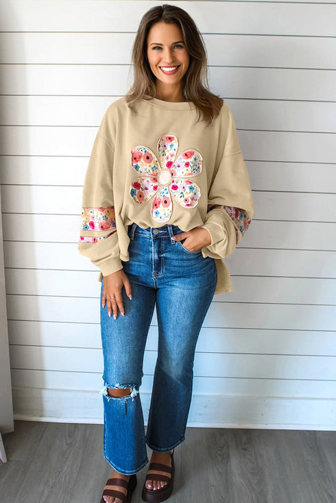 Mixed Media Floral Applique Raw Edge Pullover Sweatshirt