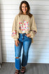 Mixed Media Floral Applique Raw Edge Pullover Sweatshirt