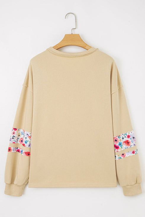 Mixed Media Floral Applique Raw Edge Pullover Sweatshirt