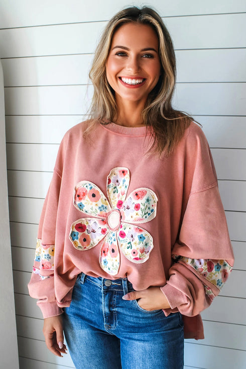 Mixed Media Floral Applique Raw Edge Pullover Sweatshirt