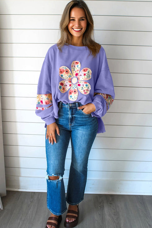 Mixed Media Floral Applique Raw Edge Pullover Sweatshirt