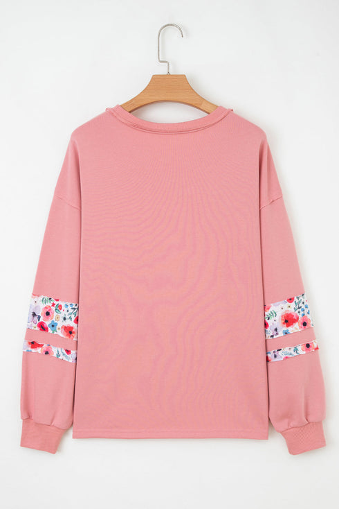 Mixed Media Floral Applique Raw Edge Pullover Sweatshirt