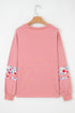 Mixed Media Floral Applique Raw Edge Pullover Sweatshirt
