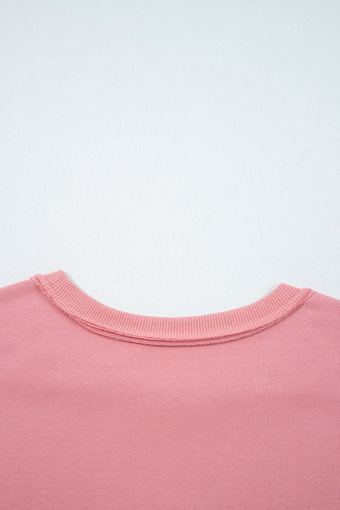 Mixed Media Floral Applique Raw Edge Pullover Sweatshirt