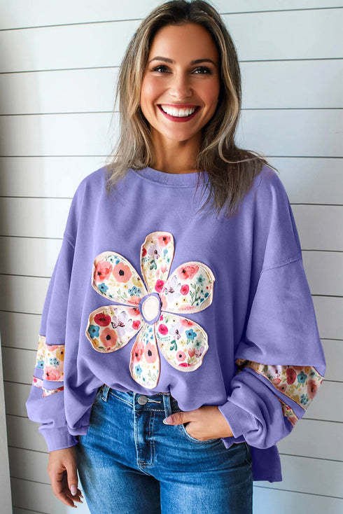 Mixed Media Floral Applique Raw Edge Pullover Sweatshirt