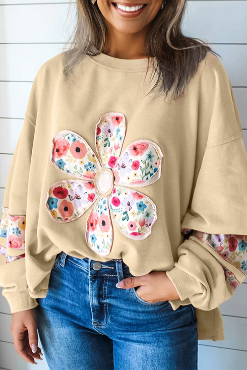 Mixed Media Floral Applique Raw Edge Pullover Sweatshirt