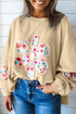Mixed Media Floral Applique Raw Edge Pullover Sweatshirt