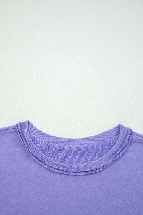 Mixed Media Floral Applique Raw Edge Pullover Sweatshirt