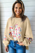 Mixed Media Floral Applique Raw Edge Pullover Sweatshirt