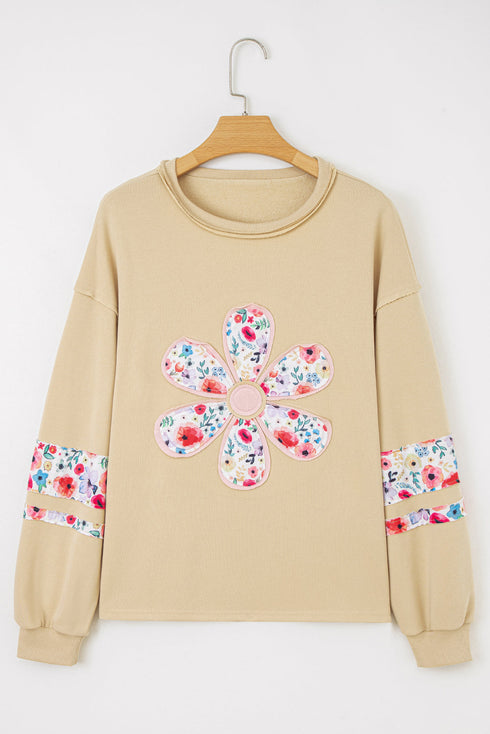 Mixed Media Floral Applique Raw Edge Pullover Sweatshirt