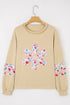 Mixed Media Floral Applique Raw Edge Pullover Sweatshirt