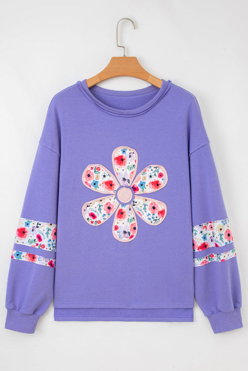 Mixed Media Floral Applique Raw Edge Pullover Sweatshirt