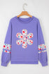 Mixed Media Floral Applique Raw Edge Pullover Sweatshirt