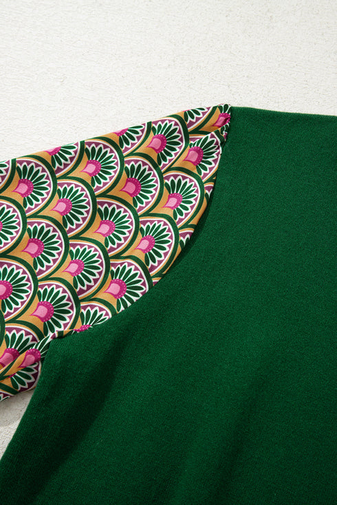 Mixed Media Geometric Print Sleeve Smocked Cuff Top