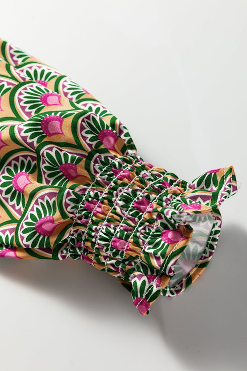 Mixed Media Geometric Print Sleeve Smocked Cuff Top